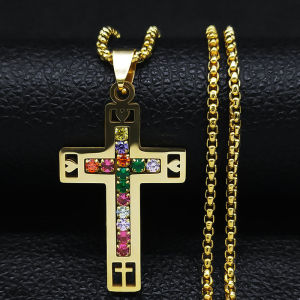 Catholic Jesus Cross Stainless Steel Necklace Saint Benedict Crystal Virgin Mary Pendant Crucifix Male Necklaces Jewelry Cruz