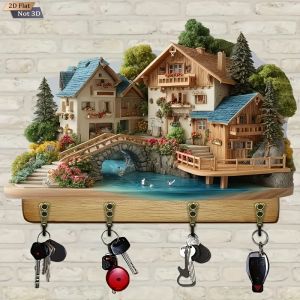 2D Retro Lakeside Villa Wooden Key Holder Multi-Functional Wall Hook for Home Porch Kitchen Decorative Storage Organizer