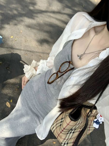 XIAOQIAOJIA | Elegant White Shirt Grey Strapless Dress Two-Piece Set Summer Loose Comfortable Style High Waist A-Line Skirt Commute Friendly