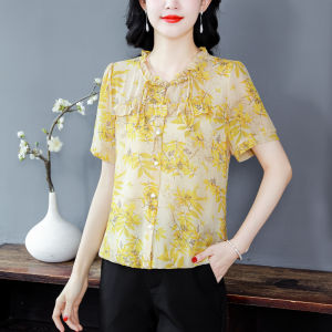 MAIMEI | เสื้อเชิ้ตผ้าชีฟองแขนสั้นสไตล์จีนใหม่สำหรับผู้หญิงในช่วงฤดูร้อนปี 2025 เสื้อเชิ้ตทรงหลวมๆ ที่ปกปิดเนื้อผ้า เสื้อตัวบน