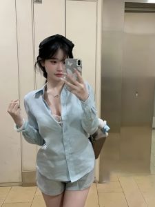 Advanced Simple Fashionable Thin Breathable Long Sleeve Shirt Top High Waist Versatile Straight Casual Shorts Womens Set Summer Outfit