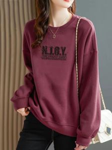 เสื้อสเวตเตอร์คอกลมแขนยาวผ้าฝ้ายแท้สไตล์เกาหลีสำหรับผู้หญิง ทรงหลวม แฟชั่นฤดูใบไม้ร่วง/ฤดูหนาว เสื้อยืดพิมพ์ลาย ไซส์ใหญ่