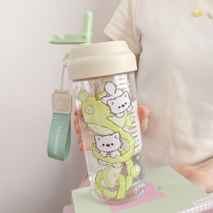 แก้วน้ำทรงกลมพลาสติกลายแมวสีส้มความจุขนาดใหญ่สำหรับเด็กและนักเรียน แก้วดื่มน้ำแบบมีตะแกรงสำหรับผู้หญิง