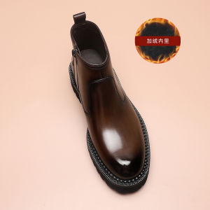 Van Voli Fall Winter Mens Business Casual Chelsea Boots Thick Sole Warm Leather Ankle Boots with Zipper Closure