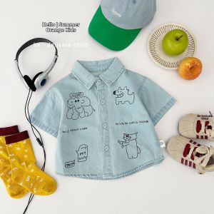 Cartoon Printed Thin and Breathable Short Sleeve Children Shirt and Jeans Set