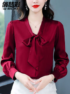 เสื้อเชิ้ตผ้าชีฟองสีแดงไวน์สุดเก๋สำหรับผู้หญิง ทรงหลวม คอวี แขนยาว ปกโปโล ฤดูใบไม้ร่วง 2025 ใหม่ล่าสุด