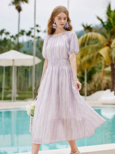 XIANGYING | Gradual Ombre Purple Dress Mid-Length Dress Puff Sleeve Lace-Up Waist