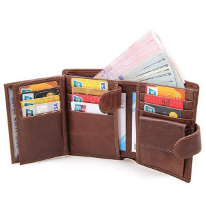 MISTLETOE Men Brown Cow Genuine Leather Short Purse Travel Card Holder Trifold Wallet for Men