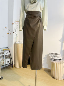 High Waist PU Leather Skirt Asymmetrical Pleated Design Mid-Length A-Line Silhouette Slimming Split Womens Fashion Autumn Winter