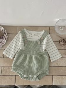 2Pcs/set Autumn New Baby Crawling Suit Set Fresh Green White Spliced Stripes Long Sleeve + Shoulder Strap Jumpsuit 0-18 Months