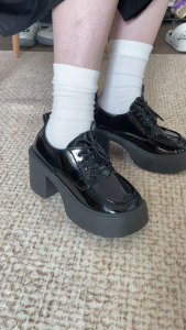 Womens Japanese Style High Heel Leather Shoes Thick Heels Lace Up Chunky Shoes