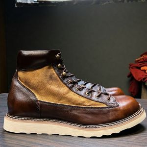 รองเท้าบู๊ทหนังแท้สไตล์ย้อนยุคแบบสั้นหัวมนพื้นหนาสำหรับผู้ชายและผู้หญิง รองเท้าบู๊ทแบบสวมลำลองสไตล์ทหารแบบสวมหัวมนสำหรับฤดูหนาว