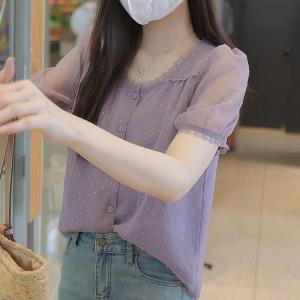 Moxueer | Purple Short Sleeve Chiffon Summer Shirt Thin Big Size
