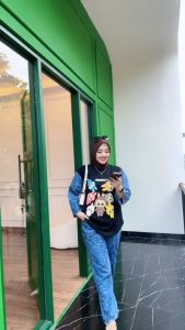 Labubu Set Setelan Wanita Bahan Kaos Combed Mix Jeans Wash Premium Celana Cargo Atasan Motif Labubu