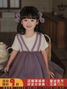 Adorable Lace Bib Short Sleeve Princess Dress for Girls Baby Cotton Blend Fabric Summer New Arrival Casual Style Pure Color