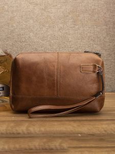 Genuine Leather Long Wallet for Men Vintage Casual Handheld Bag Top Layer Cowhide Zipper Mobile Phone Bag New Model