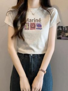 Oats Short Sleeve T-Shirt Womens Slim Fit Cotton Pure Korean Style Commute Print Youthful Summer Fashion Age Reduction Top