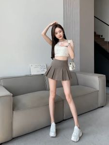 Rok Lipit Belahan Samping Pinggang Tinggi & Celana Pengaman Pendek Gaya Preppy