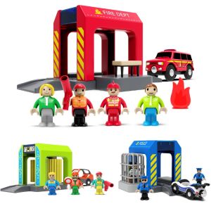 Wooden Train Track Accessories Plastic Fire Department Police Station Scene Wooden Track Parts Compatible with All Brands Track