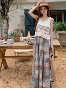 Bohemia Retro Spaghetti Straps Knitted Cut Out Loose Vest + Ethnic Print Mop Pants Travel Beach Pants