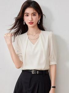 XUSHAN | V-Neck Puff Sleeve Summer Office Wear Gentle High-End Satin Chain Detailing Blouse