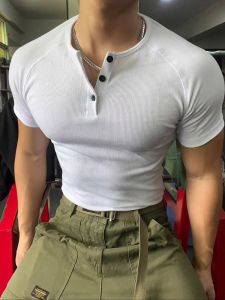 American Style Fitness Short Sleeve T-Shirt Mens Slim Elastic Ribbed Base Shirt Henry Collar Youthful Casual Cotton Tee