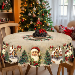 1 Piece Christmas-Themed Printed Tablecloth Vintage Country Farmhouse Style Santa Claus Snowman Snowy Landscape Christmas Tree Pattern Design Suitable for Christmas New Years Parties Party Decorations Kitchen Accessories Room and Outdoor Deco...