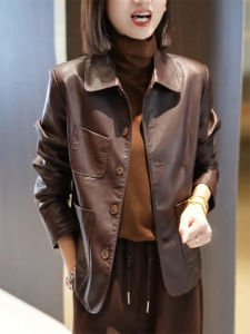 QINGNAER | Vintage Loose Fitting Autumn Leather Jacket Brown