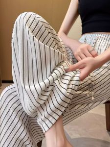 Ice Silk Vertical Striped Wide Leg Pants Women Summer Thin Cotton Linen Casual Loose Fit High Waist Long Trousers