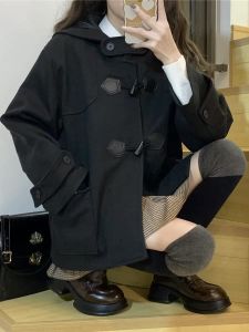 Original Mystery Rabbit เด็กผู้หญิง ฤดูหนาว หนาขึ้น ขนสัตว์ เสื้อโค้ท มีหัวเข็มขัดแตรสไตล์โรงเรียนแจ๊กเก็ตตัดตรงแฟชั่นการเดินทาง