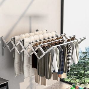 ราวตากผ้ายืดหดได้ ติดผนังแบบเจาะรู รับน้ำหนักดี สแตนเลส 304 แขวนผ้าได้ 60 ตัว สำหรับระเบียง
