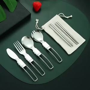 ช้อนส้อมมีดรับประทานอาหาร3ชิ้น1ชุดแบบพกพาสำหรับการเดินทางปิกนิกช้อน set peralatan Makan ทำจากสเตนเลสพับได้