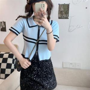 Color Block Polo Shirt Short Sleeve T-Shirt Double Zipper Ice Silk Knitted Women Summer Design Short Top Outdoor Camping Travel Gear