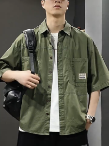 GXM Jaket kemeja lengan pendek dengan kerah lipat atasan pria setelan pakaian kasual.