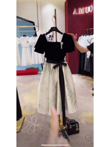 Elegant Black Hepburn Style Wedding Dress Skirt Korean High Waist A-Line Midi Skirt Slimming Short Sleeve Womens Fashion