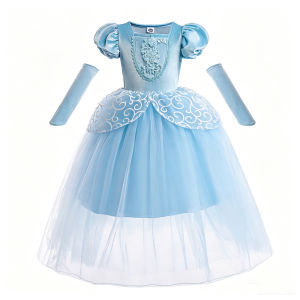 Cinderella Blue Short Sleeve Dress Complete Set with Long Gloves Sleeves for Girls Birthday Ball Halloween Cosplay Costume