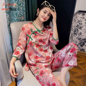 ชุดนอนสไตล์จีนแบบใหม่ชุดอยู่บ้านระดับไฮเอนด์รุ่นฮิตในเน็ตแขนเจ็ดส่วนกระดุมจีนสไตล์จีนชุดนอนผู้หญิงใส่ไปข้างนอกได้