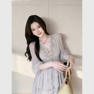 Pretty Waist-Defining Short Mini Purple Chiffon Shirt Dress