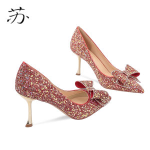Elegant Chinese Style High Heel Wedding Shoes Red Engagement Dinner Shoes Sequin Bright Shoes Butterfly Knot New Bride Shoes