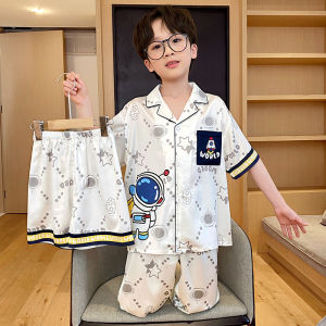 Boys Summer Ice Silk Thin Short Sleeve Sleepwear Set Cartoon Three Piece Home Clothes Cool Feeling Kids Home Comfortable Pyjamas