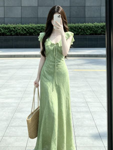 ZHENMANZI | French Vacation Style Green V-Neck Ruffles Sleeveless Flattering Slimming Long Dress