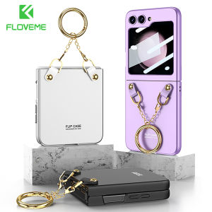 [With Small Screen Film] FLOVEME Luxury With Necklace Ring Holder Phone Case For Samsung Galaxy Z Flip 5 5G Ultra Thin Foldable Screen Film Protection Hard PC Shockproof Back Cover For Galaxy Z Flip 5