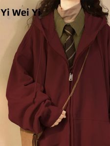 YIWEIYI | Slim Fit Retro American Style Red Hooded Sweatshirt Zip-up