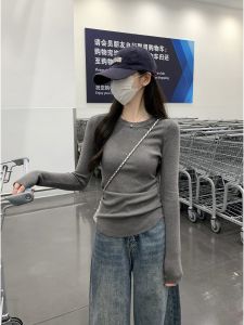 Áo Len Dệt Kim Màu Xám Ôm Vừa Vặn Cho Nữ Mùa Thu Phong Cách Hàn Quốc Cổ Tròn Tay Dài Thường Ngày