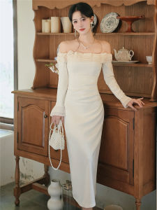 Elegant French Vintage One Shoulder Long Sleeve Dress Autumn Winter New Style Classy Atmosphere Registration Ceremony Dress