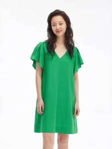 URLAZH | Oxygen Green V-Neck Back Tie Lyocell Flounce Sleeve Dress