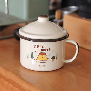 Adorable Vintage Enamel Coffee Cup with Lid Breakfast Drinking Cup Cute Ins Style Heat Resistant Durable Single Ear Handle