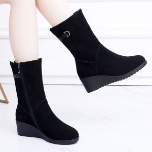 Suede Leather Mid-Calf Boots Womens Slope Heel Soft Bottom Winter Snow Boots Large Size Womens Boots 41-43 Korean Style round Toe