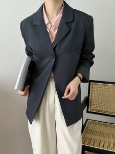 สีเทาลึกไหล่ปุ่มเดียว ชุดสูท ผู้หญิง Deconstructed Minimalist High End ยุโรปสไตล์แฟชั่น Jacket Neapolitan ชุดสูท