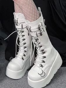 Punk Style High Tube Boots Rivet Buckle Thick Bottom Wedge Heel Womens Motorcycle Long Boots Spring Autumn PU Mixed Material